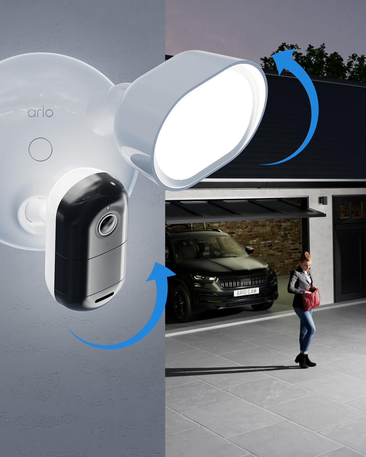 Arlo Floodlight 2K & Essential 3 Indoor 2K, Gran Angular de 160°, Resistente a la Intemperie, visión Nocturna en Color, Sirena de Alarma, hasta 2000 lúmenes, Prueba Gratuita de Arlo Secure