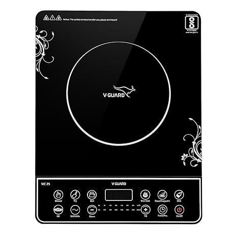 V-Guard VIC 25 Induction Cooktop| 2000-Watts Electric Induction Stove with Preset Indian Menu | Temperature Control | Push button| Auto-cutoff | Polished Glass | Black