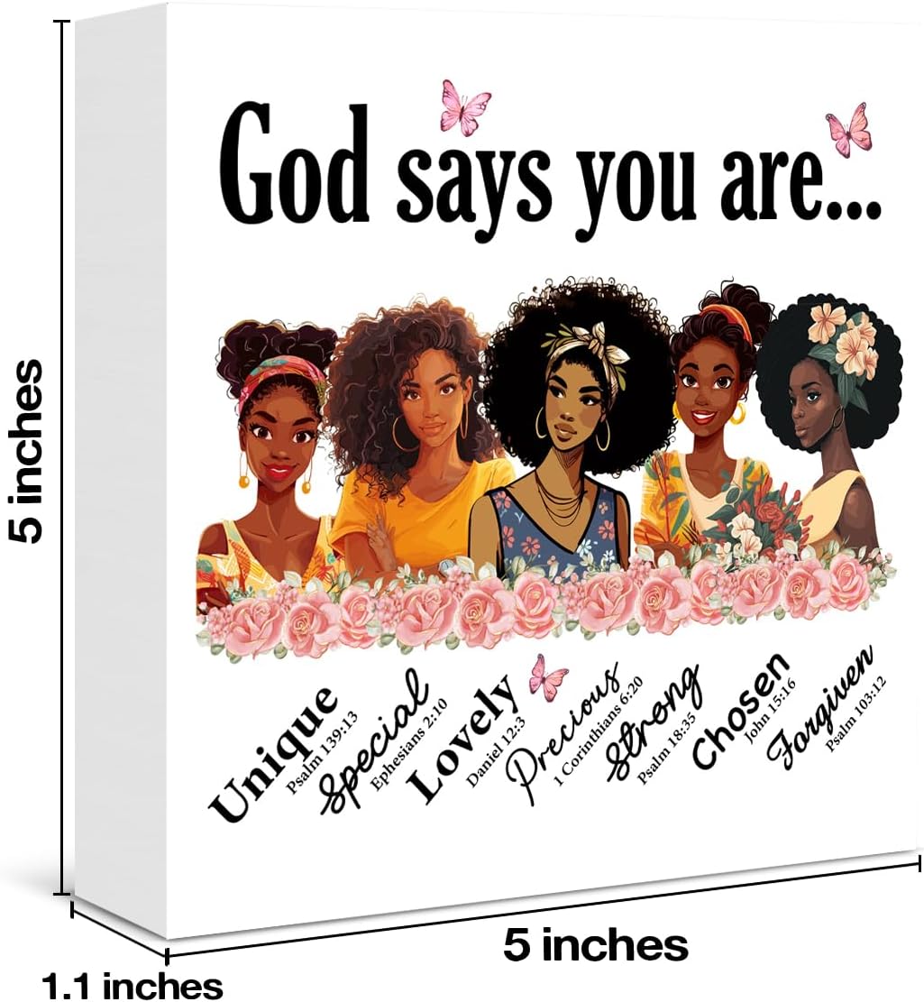Christian Black Women Sign Decor, Motivational Bible African American Decor God Says You Are Unique Special Wood Block Plaque Sign Office Home Shelf Wall Decoration, Black Women Gifts image 2