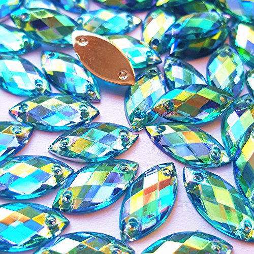 succi shan 7x15mm Horse Eye Shape Crystal AB Color Clear Sew On Acrylic Rhinestones Flatback Fancy Stones Sewing for Clothing Wedding Dress Decorations (Light Blue)