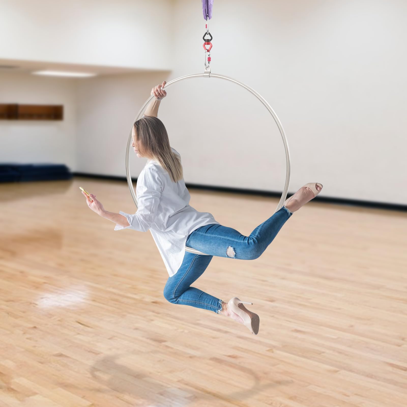 Aerial Hoop 95 cm aus Edelstahl, Einzelpunkt-Luftreifen mit 360° drehbarem Verbinder und Rundschlinge, für Yoga, Akrobatik & Zirkus, Silber+Lila
