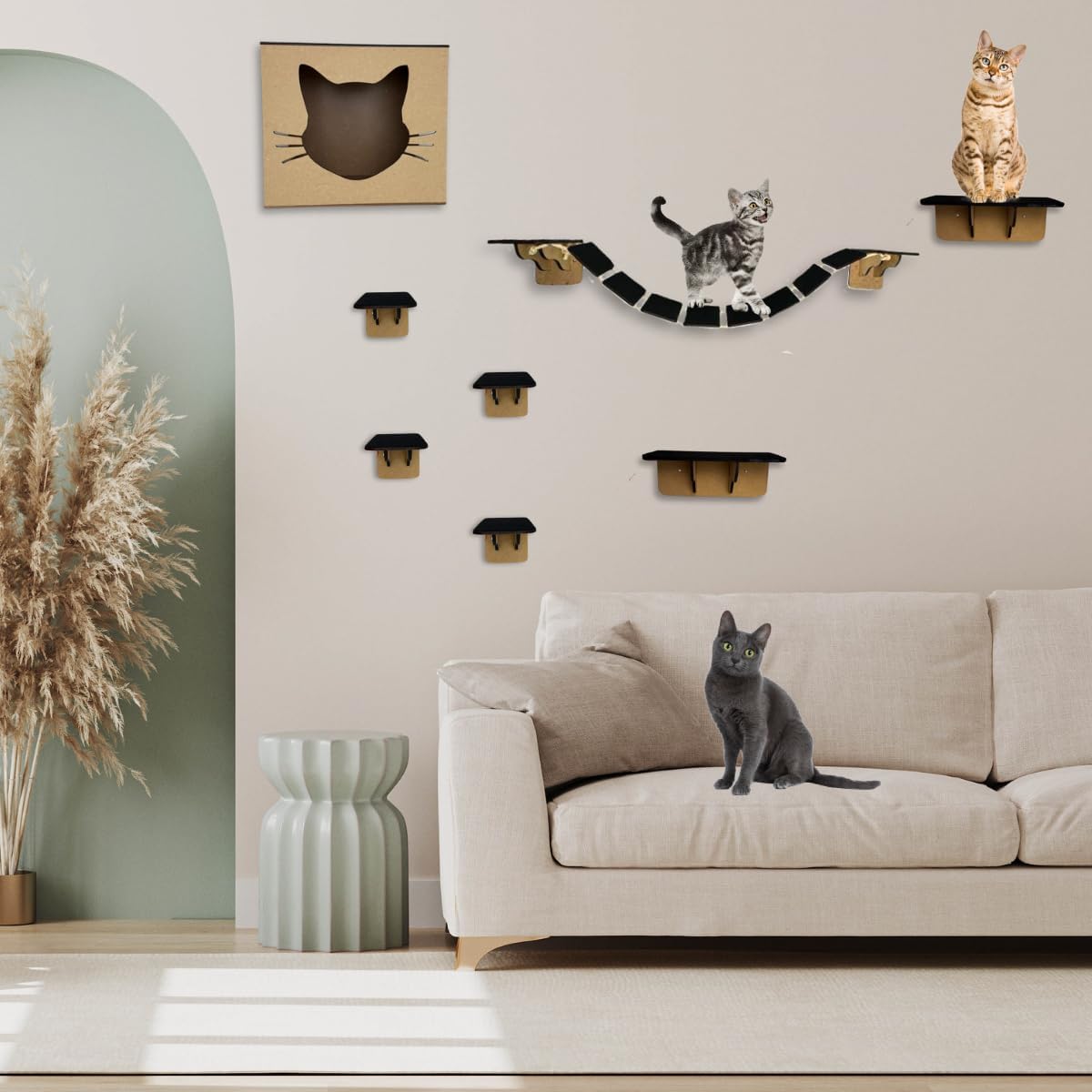 Playground Para Gatos 8 Peças Mdf 6mm Kit Nicho Gato Prateleiras Ponte e Degraus - Seguro e Resistente