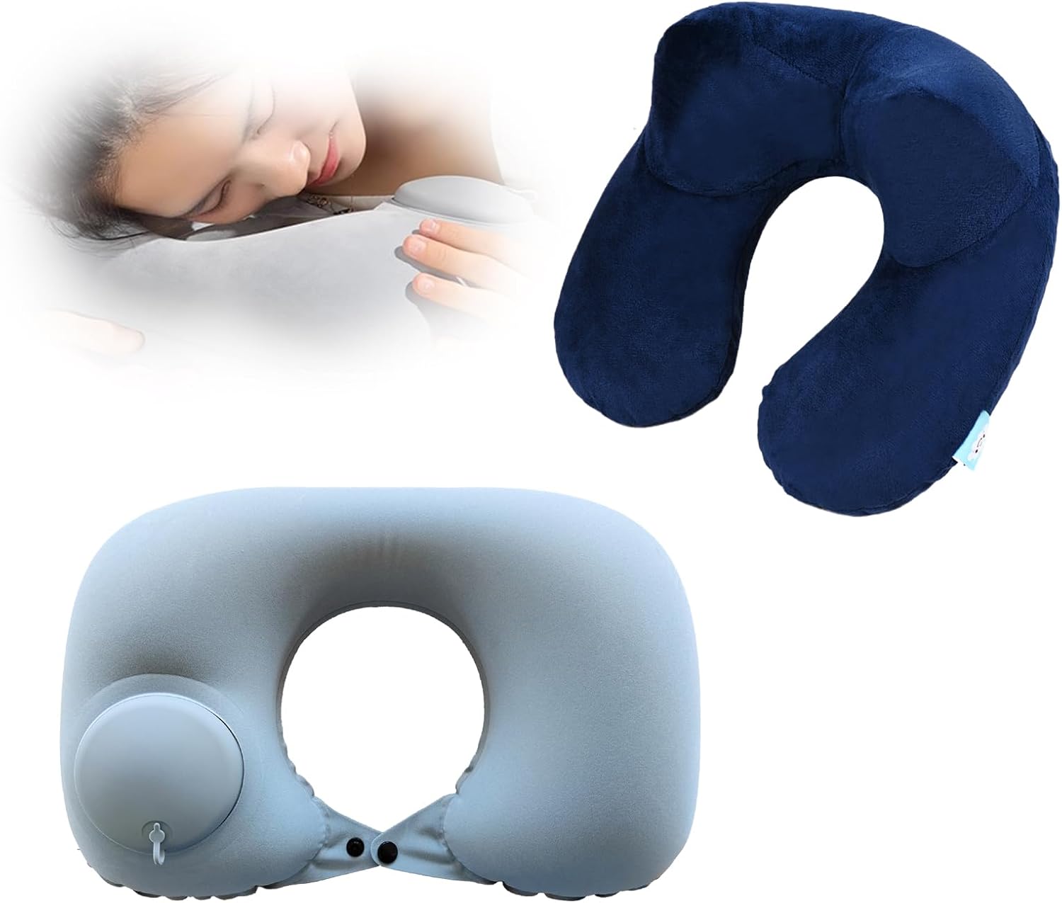 2 Pcs Flight Pillow, Travel Pillow, Inflatable Neck Pillow for Travel, Compact Ergonomic Neck Pillow Kits with Ear Plug And Eye Mask, Head & Neck Support Cushion – Airplane, Car, Train (Blue And Grey)
