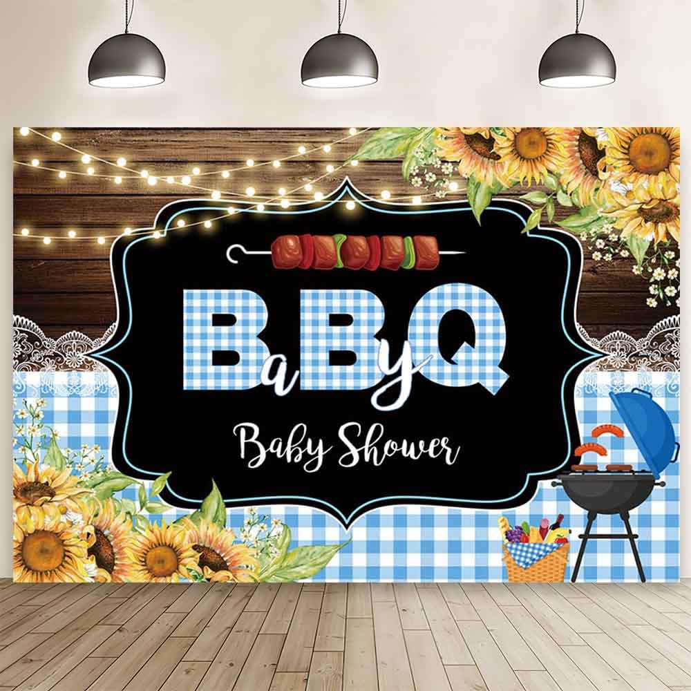MEHOFOND 7x5ft Blue BBQ Baby Shower Backdrop Country Rustic Wooden Board Sunflowers Photography Background BabyQ Theme Barbecue Baby Shower Party