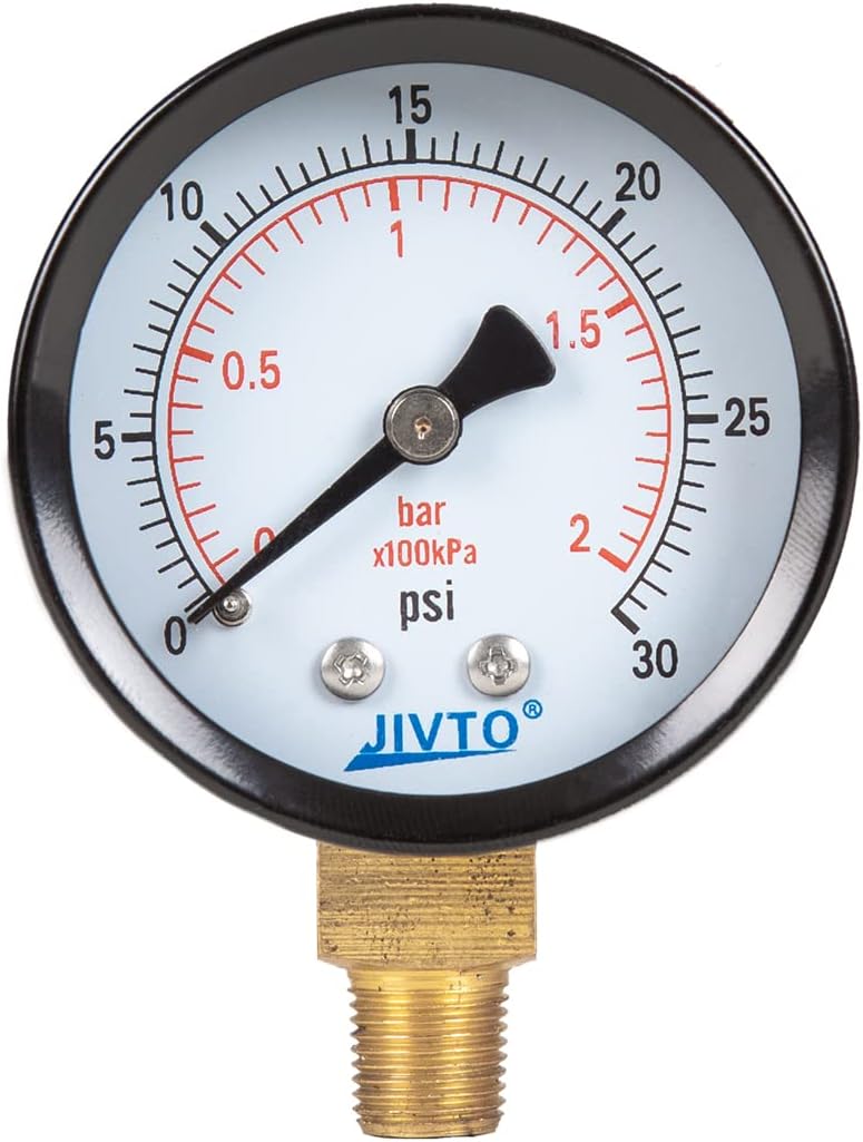 JIVTO 2″ Dry Pressure Gauge, 0-30 PSI, 1/8″ NPT, Black Steel & Brass