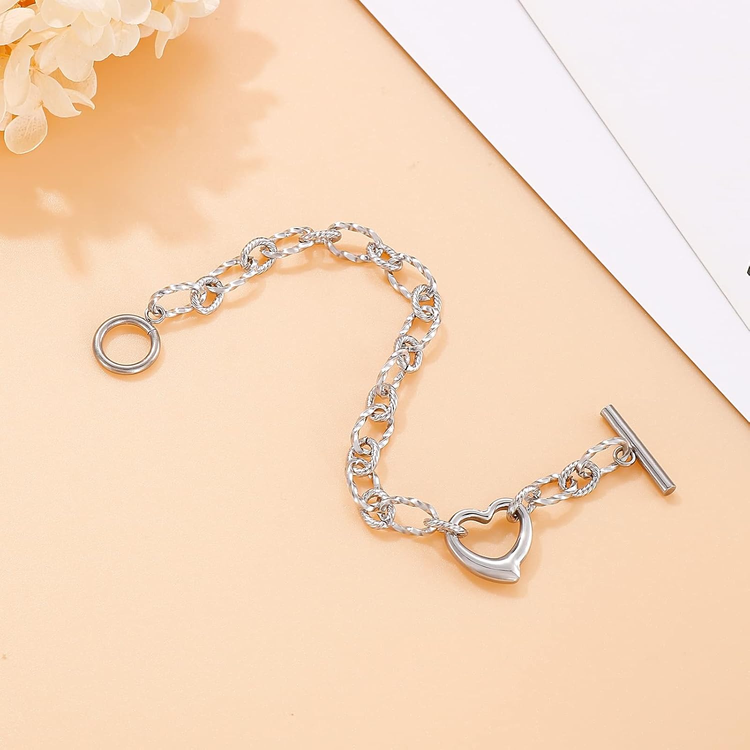 Stainless Steel Chunky Chain Heart Link Bracelet with Toggle Clasp Womens Jewelry Accessories - Image 2