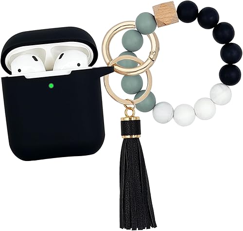 Funda compatible con AirPods, funda protectora de silicona suave con llavero de pulsera, compatible con Apple AirPods de 2ª y 1ª generación (negro)