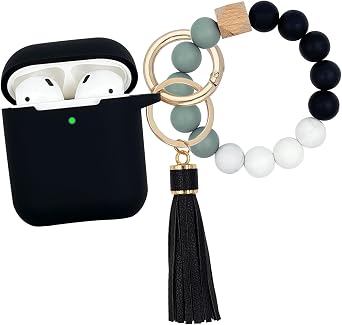 Compatible with AirPods Case Cover, Soft Silicone Protective Cover with Bracelet Keychain, Compatible with Apple AirPods 2nd 1st Generation Charging Case Black