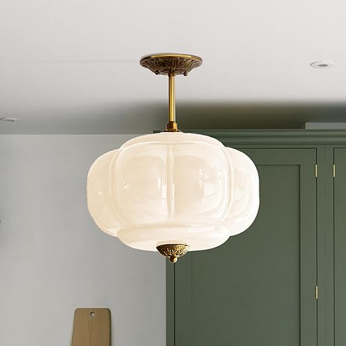 Miniatura 13 de Accesorio de Lámpara de Techo de Vidrio Esmerilado - Luz Colgante Semi Empotrada de Latón Antiguo para Cocina, Pasillo y Dormitorio (Verde, 9