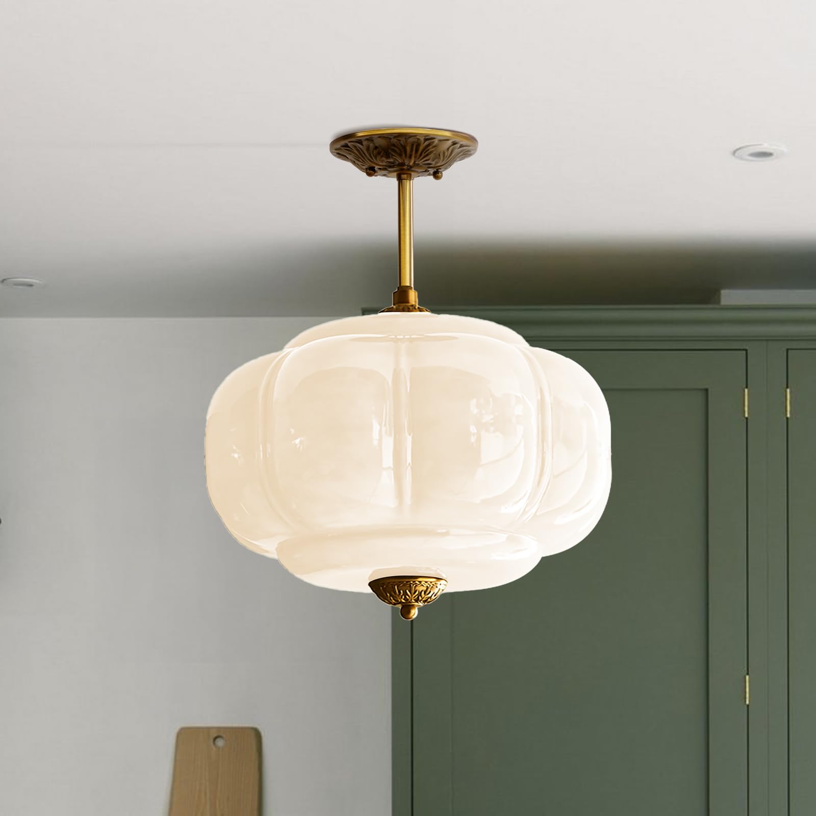 Milk Glass Ceiling Light Fixture - Farmhouse Antique Brass Semi Flush Mount Ceiling Light for Kitchen, Hallway, and Bedroom (Green 15 inch) — view 15