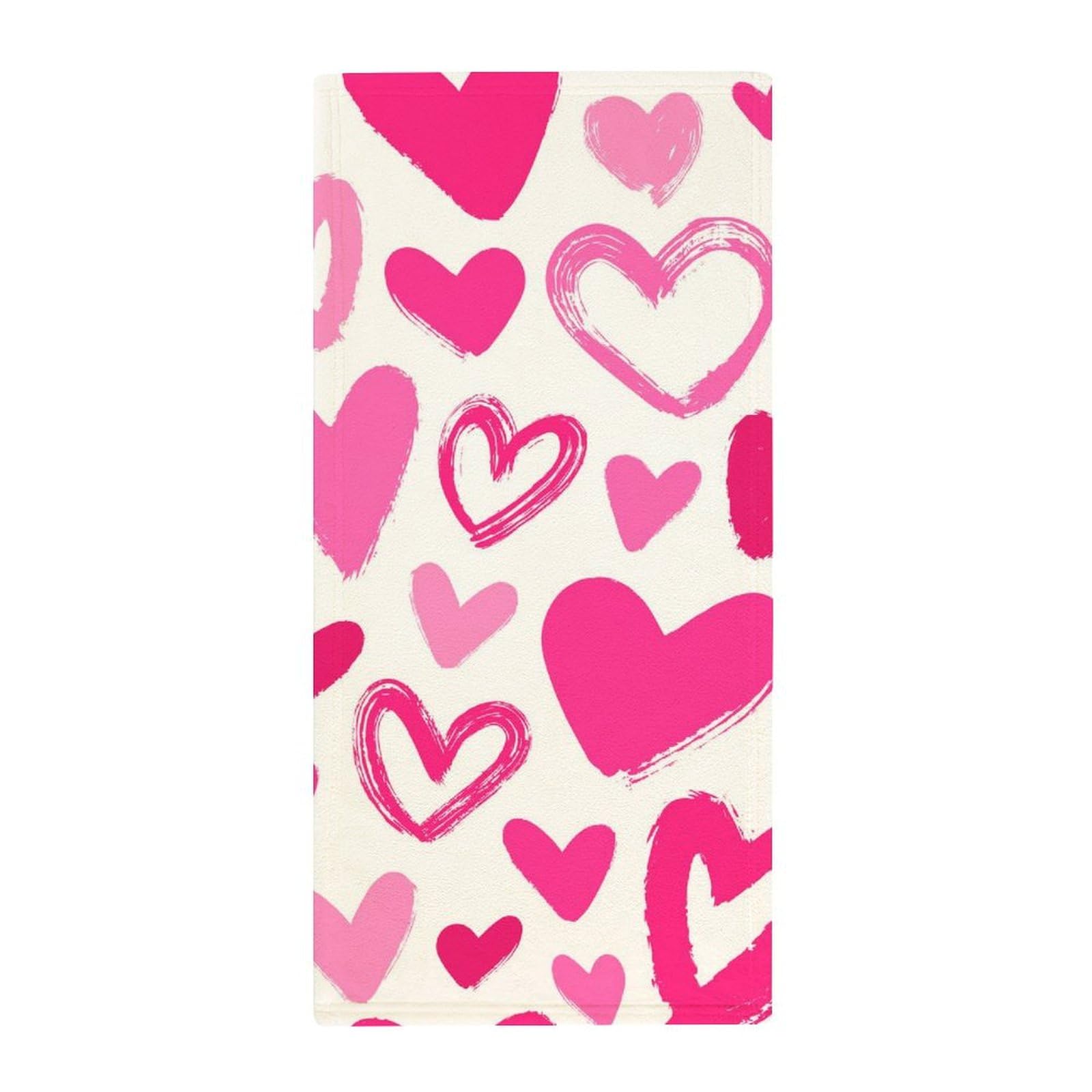 MoBlinko Pink Hearts Hand Towels for Bathroom 14 X 28 in Valentine' S Day Absorbent Face Towels Soft Hand Towel for Kitchen Bathroom Hotel Yoga