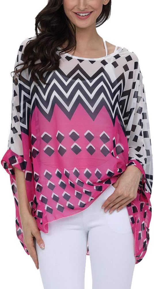 Ckikiou Plus Size Batwing Flowy Semi Sheer Chiffon Blouse Tunic for Women Summer Floral Print Boho Beach Cover ups - Image 2