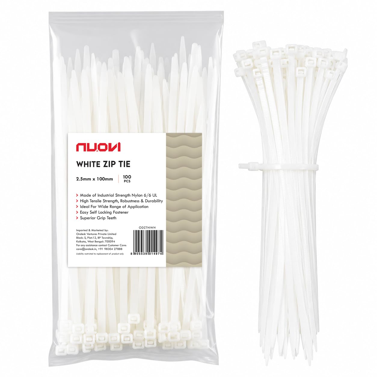 nuovi white zip ties 100mm x 2.5mm | heat resistant cable with self-locking mechanism | self-lock, antislip cable organizer | for indoor & outdoor use (set of 100)