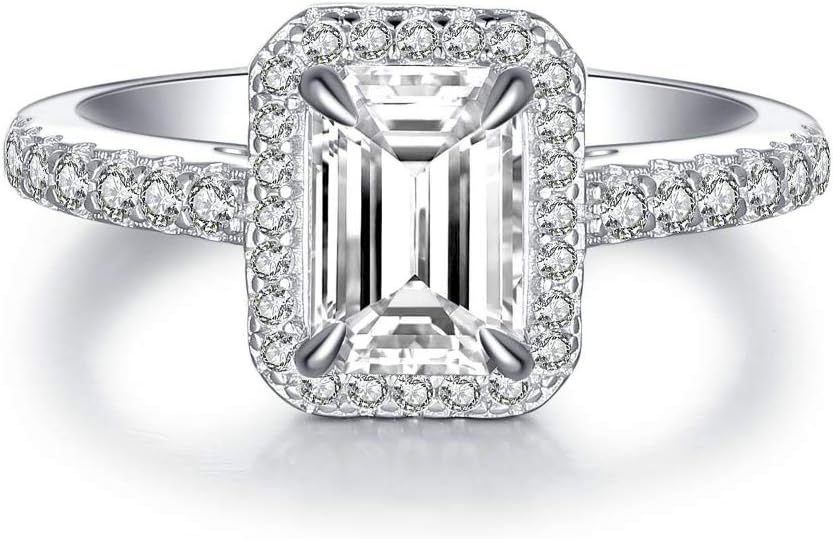 Silver 1.0 Ct (7x5mm) Emerald Cut Engagement Ring Accented Halo Wedding Ring Half Eternity Radiant Cut Anniversary Ring
