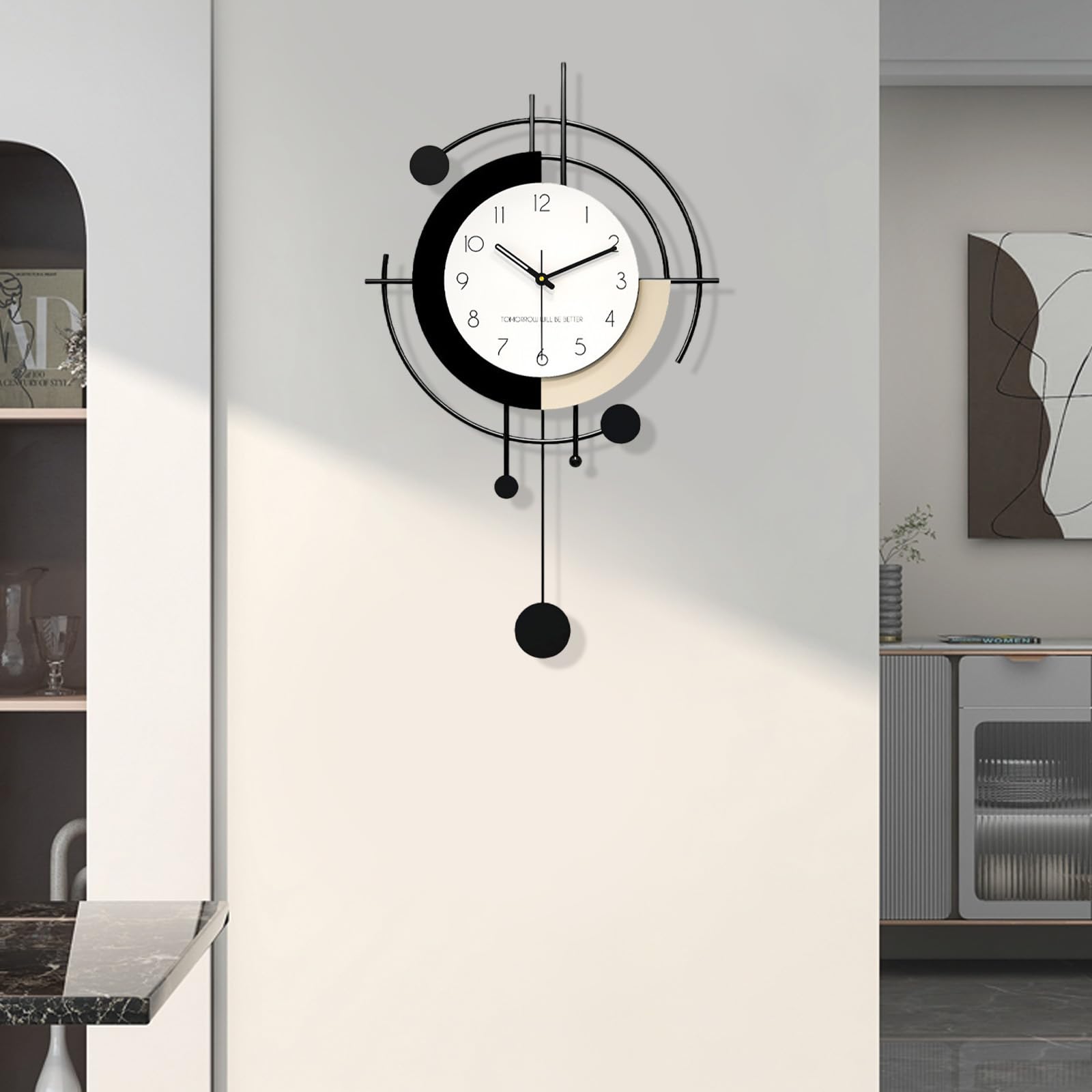 Wanduhr Modern Kreativ Große Wanduhr ohne Tickgeräusche Metall + Holz Dekorative Wanduhren Minimalistisch Art Deco Batteriebetrieben Pendeluhr für Wohnzimmer Schlafzimmer Büro Küche (Large)