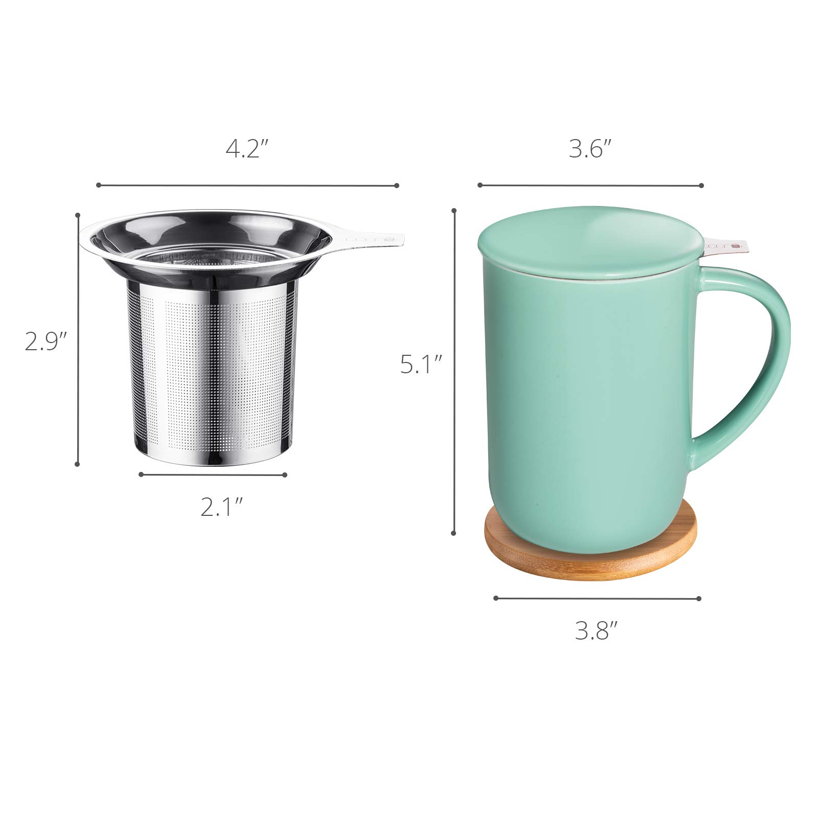 CEEFU Taza de té de porcelana con infusor y tapa, con filtro y posavasos, taza de té de hojas sueltas para té/café/leche/mujeres/oficina/hogar/regalo (verde menta)