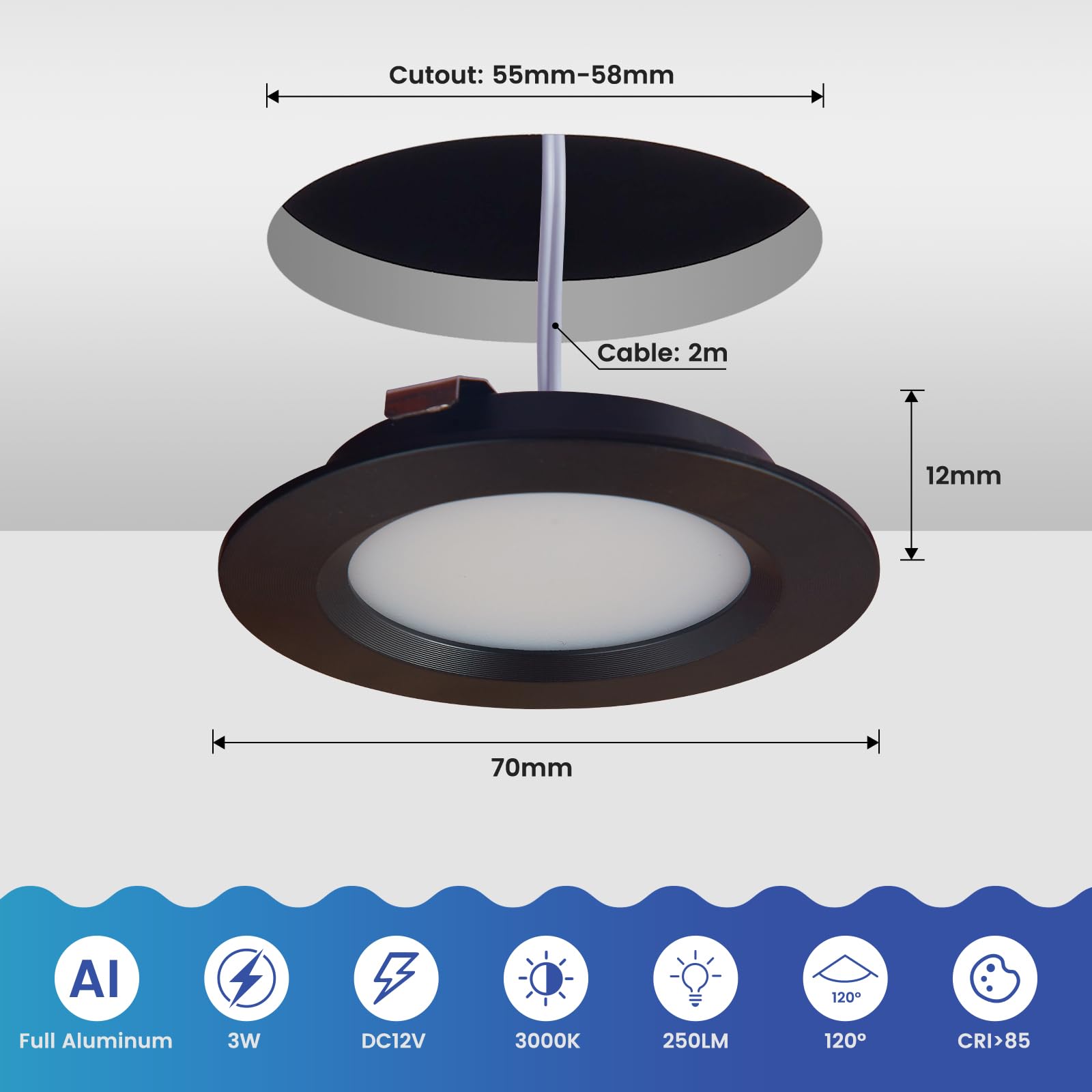 Faretto LED da incasso per mobili, 12 V, ultra piatto, 3 W, foro da 55 mm, con cavo da 2 m, per armadi a specchio, vetrine, mobili e armadi (4 x nero, 3000 K)