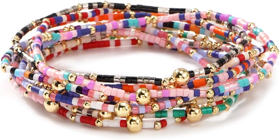Gold Beaded Dainty Bohemian Colorful Stretch Bracelets Set