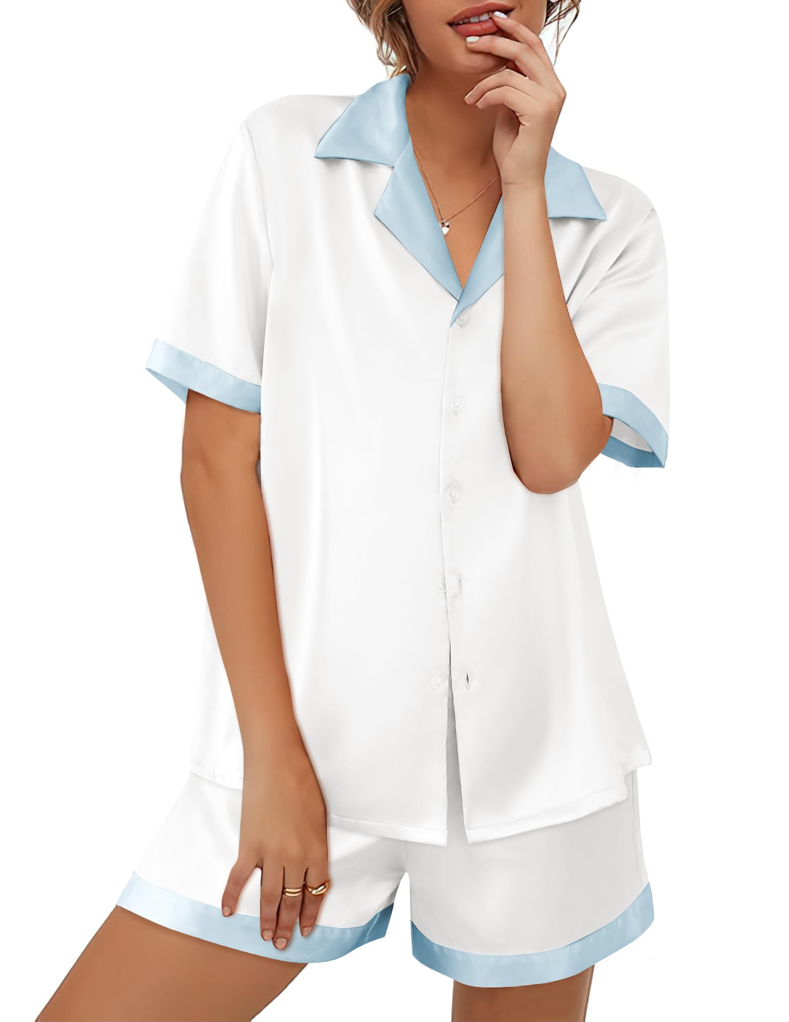 Ekouaer Womens Silk Satin Pajamas Set Button Down Short Sleeve Lounge Set 2 Piece Notch Collar Sleepwear Sets Soft Pjs S-XXL