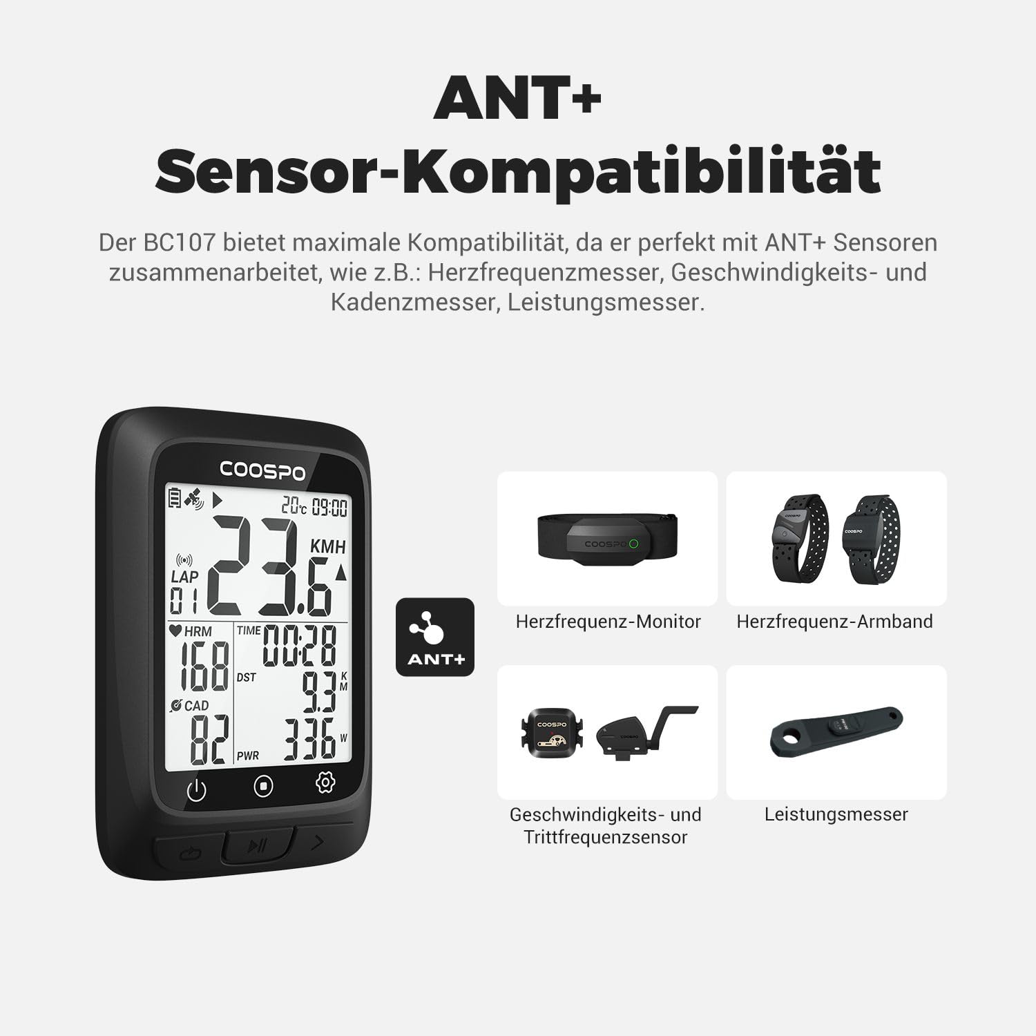 COOPSO BC107 Fahrradcomputer GPS Kabellos Drahtloser Fahrradtacho Kilometerzähler, Bluetooth5.0 ANT+ Rennrad Fahrrad Radcomputer 2.4 Zoll LCD mit Hintergrundbeleuchtung Kompatible mit Strava