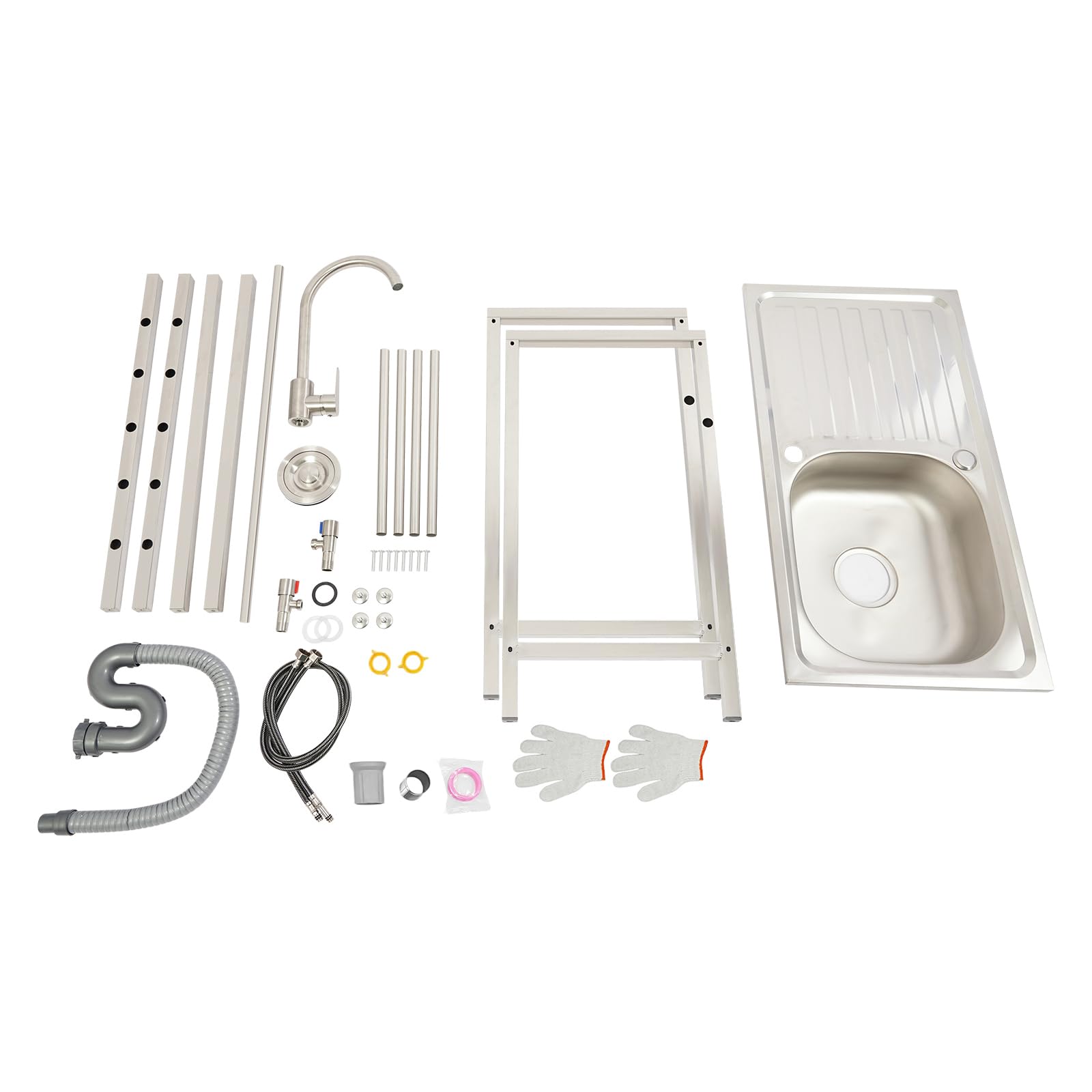 1 lavabo 75x40x78cm fregadero independiente para exteriores, lavabo de acero inoxidable con banco de trabajo y estante de almacenamiento, grifos de agua fría y caliente, capacidad de carga de 40kg