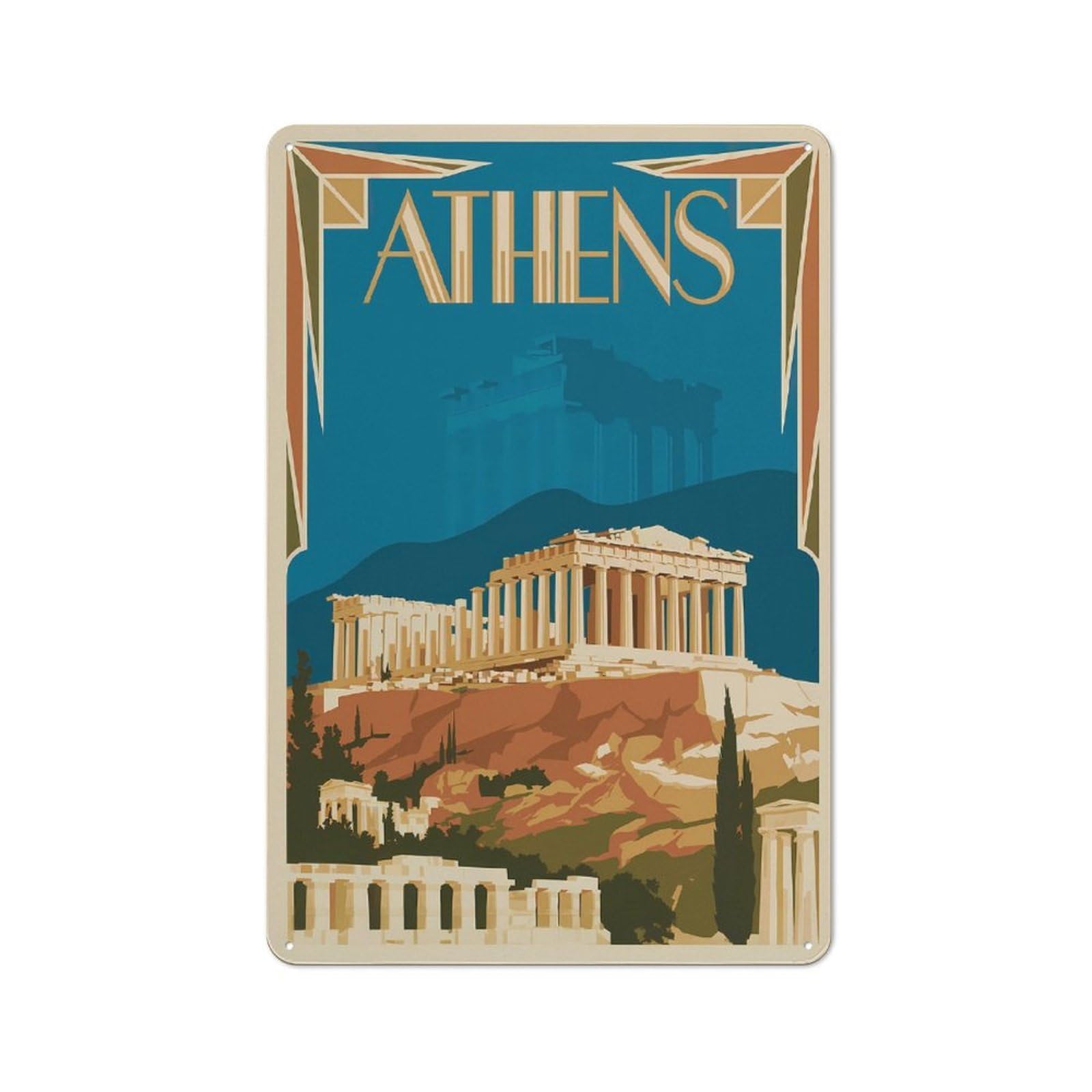 Junmoney Style-13 Athens Travel Rustic Tin Wall Plaque 30X20cm For Hobby Room Or Studio, A New Home Present For Creative Interior Collectors