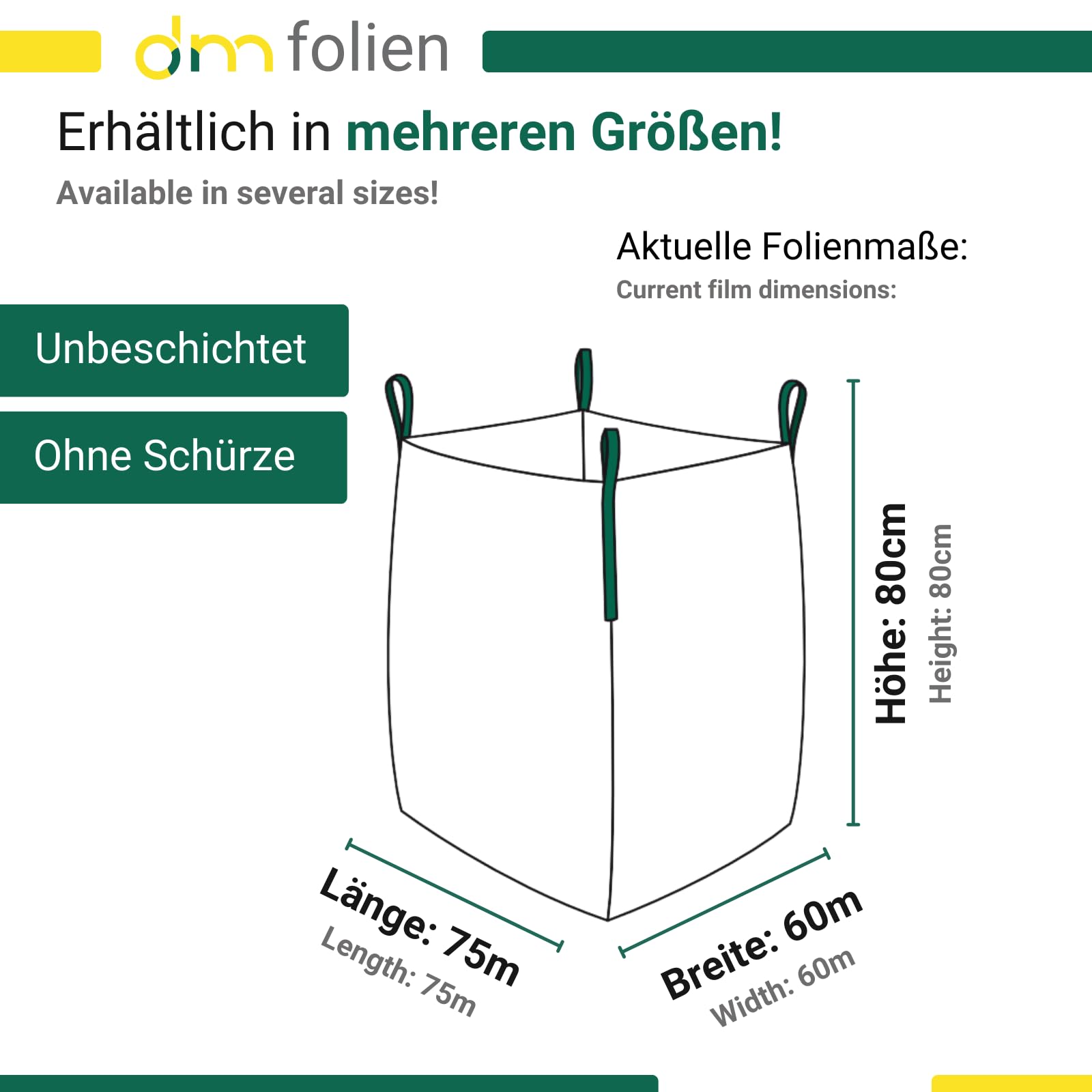 dm-folien Stein Big Bag 60x75x80cm I 5 Stück I SWL 1.000 kg I BigPack Sack mit 4 Hebeschlaufen I Big Packs für Steine & Schwerlast I Big Bag Säcke mit geschlossenem Boden I stabil & unbeschichtet