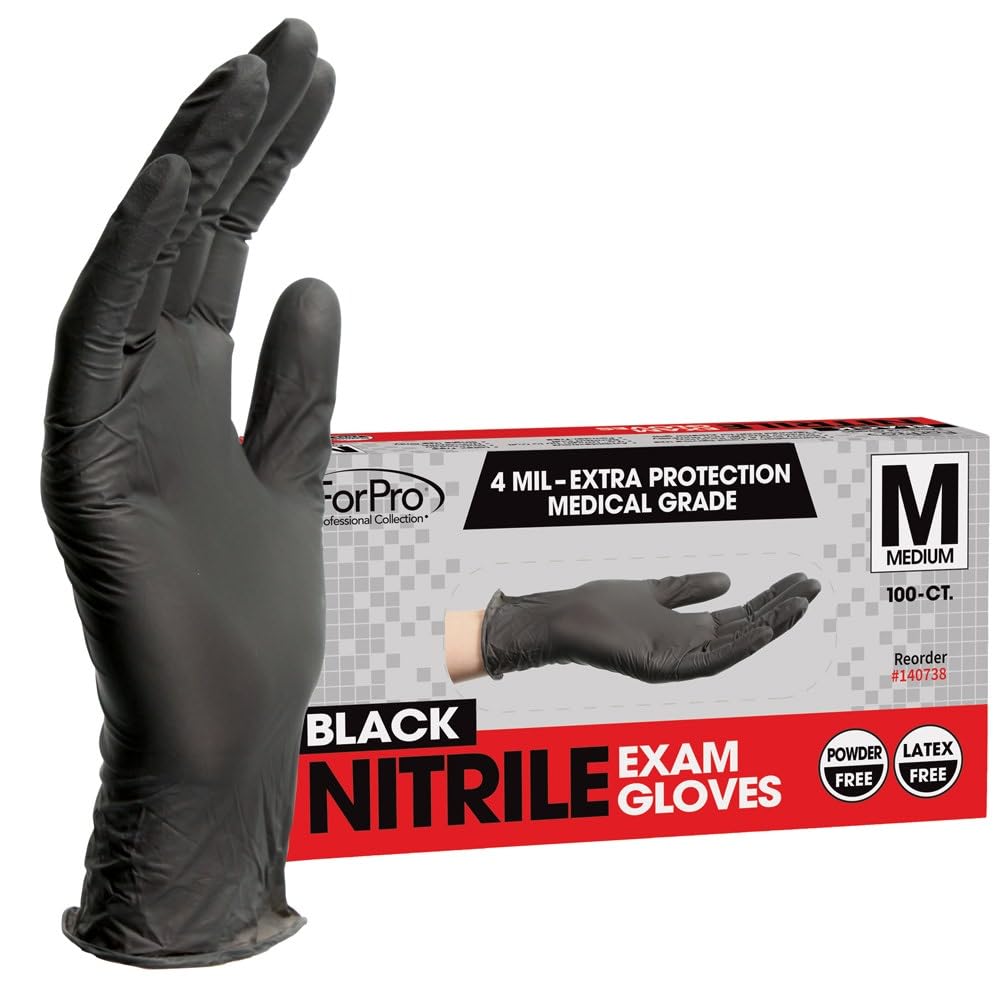 ForPro Disposable Nitrile Exam Gloves, Medical Grade, 4 Mil Extra Protection, Powder-Free, Latex-Free, Non-Sterile, Food Safe, Black, Medium, 100-