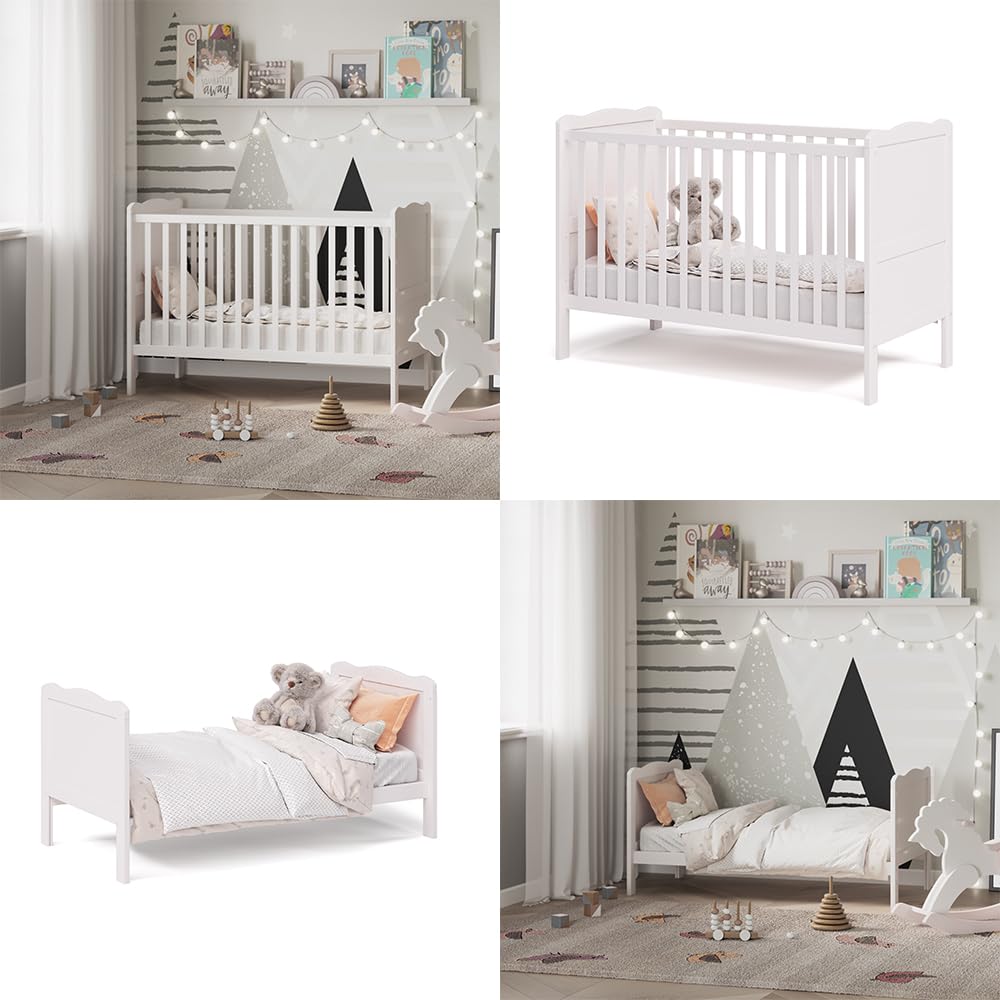 VitaliSpa Lit bébé Tobi, Blanc, 60x120 cm | avec sommier à lattes réglable en hauteur et côtés à barreaux amovibles