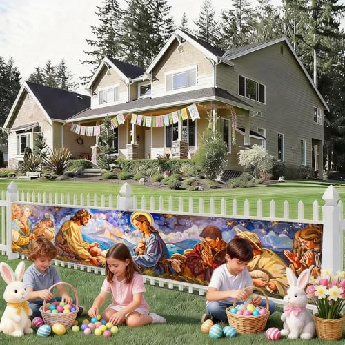 Image of Peaceful Winter Village Banner 78.7 x 17.7 Inch Family Scene in Snowy Landscape Cozy Cabin Design for Holiday Home Garden Fence or Indoor Wall Display Seasonal Decoration