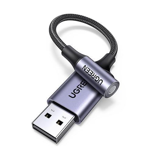 UGREEN USB to 3.5mm Jack Audio Adapter Sound Card Support Mic TRRS Headphone DAC 24bit 96kHz Nylon Braided USB to Aux Jack Compatible with Windows Mac Linux PC PS5 PS4 Switch 2 Speaker, 9.8 Inch