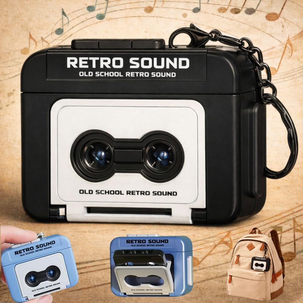 Mini Cassette Player,Micro Retro Sound Keychain Tape,Microcassette Player,Vintage Tape Recorder Couple Gift Keychain Mini Recordable,Plastic Headphone Music,for Backpacks, Handbags (Black)