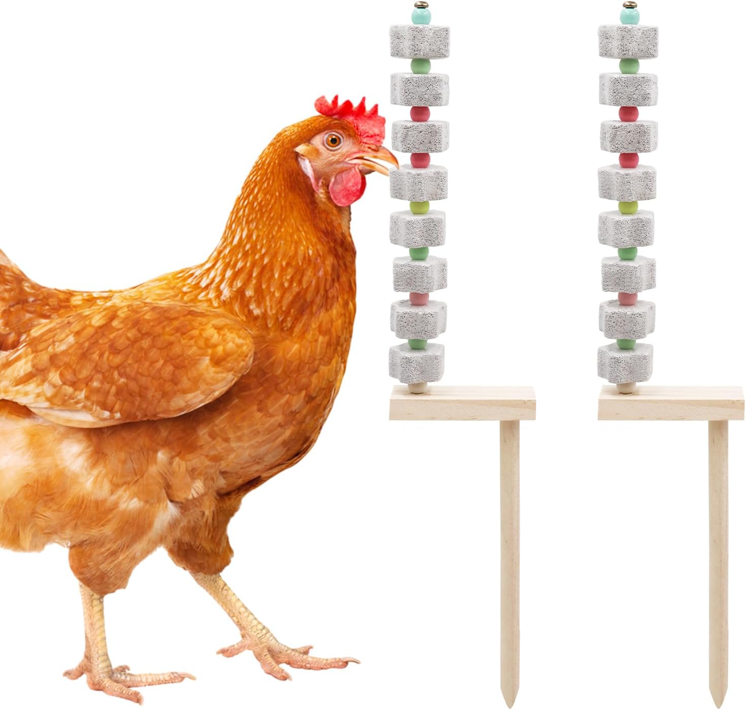 2 Pack Chicken Chewing Toy, Chick Beak Grinding Calcium Stone with Wood Stake, Chicken Cage Accessories, Cage Toys for Cockatiel Parakeet Parrot Budgies Rat Hamster Rabbit Bunny African Grey