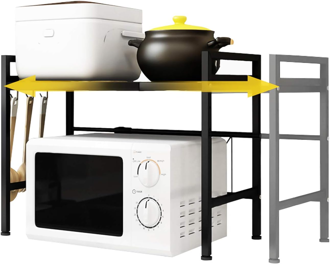 Extendable Microwave Oven Rack, YEEGO DIRECT 2-Tier Heavy Load Microwave Shelf Stand with 3 Hanging Hooks Adjustable Kitchen Storage Organiser