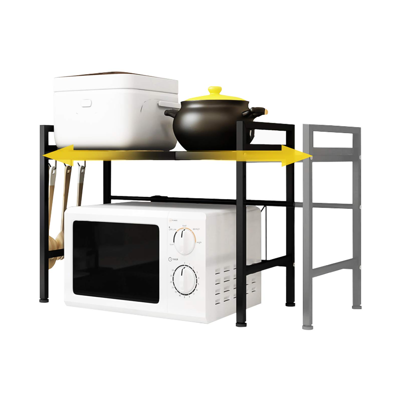 Extendable Microwave Oven Rack, YEEGO DIRECT 2-Tier Heavy Load Microwave Shelf Stand with 3 Hanging Hooks Adjustable Kitchen Storage Organiser