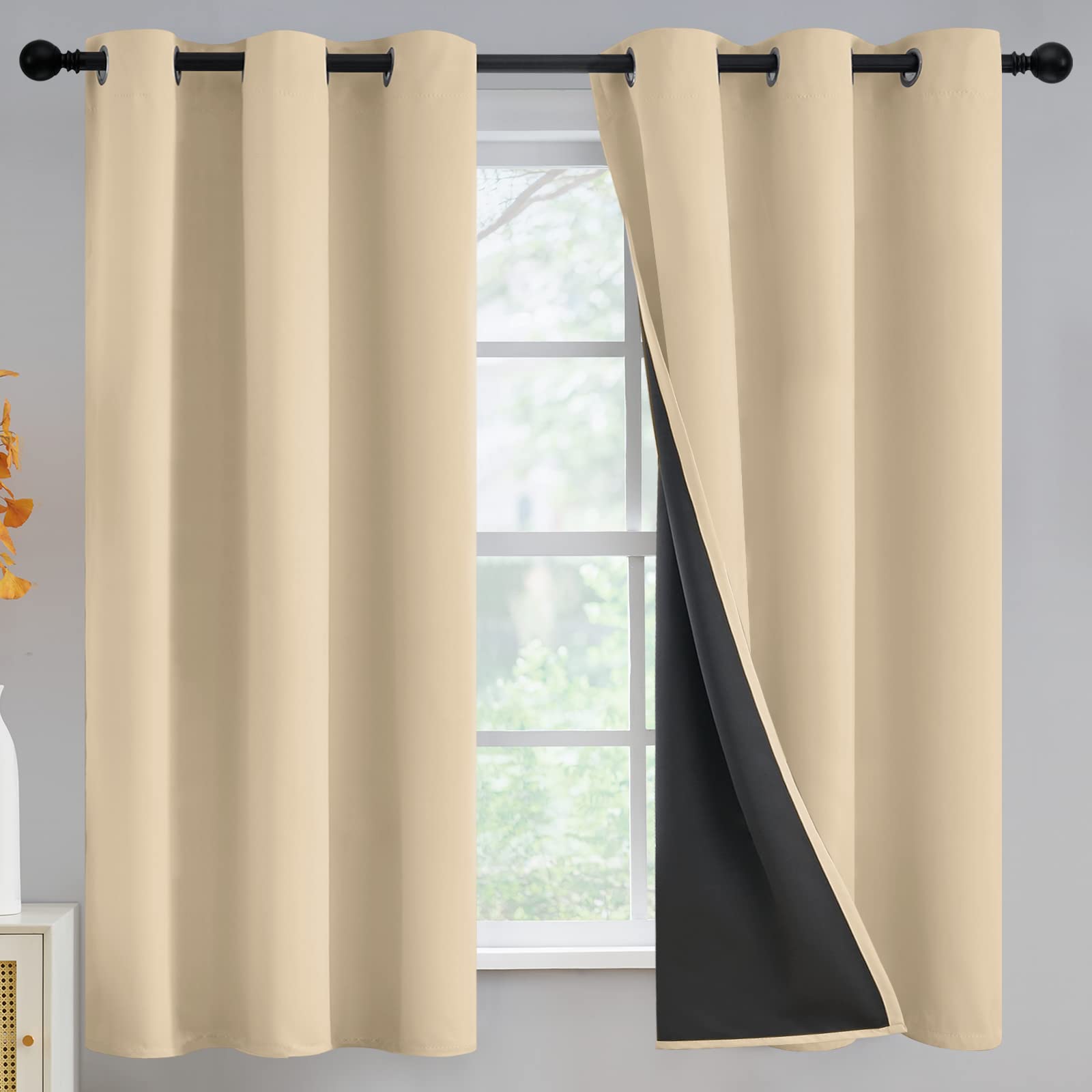 Thermal Insulated 100% Blackout Curtains for Bedroom with Black Liner, Light Blocking Drapes with Black Backing, Thermal Insulated Solid Grommet