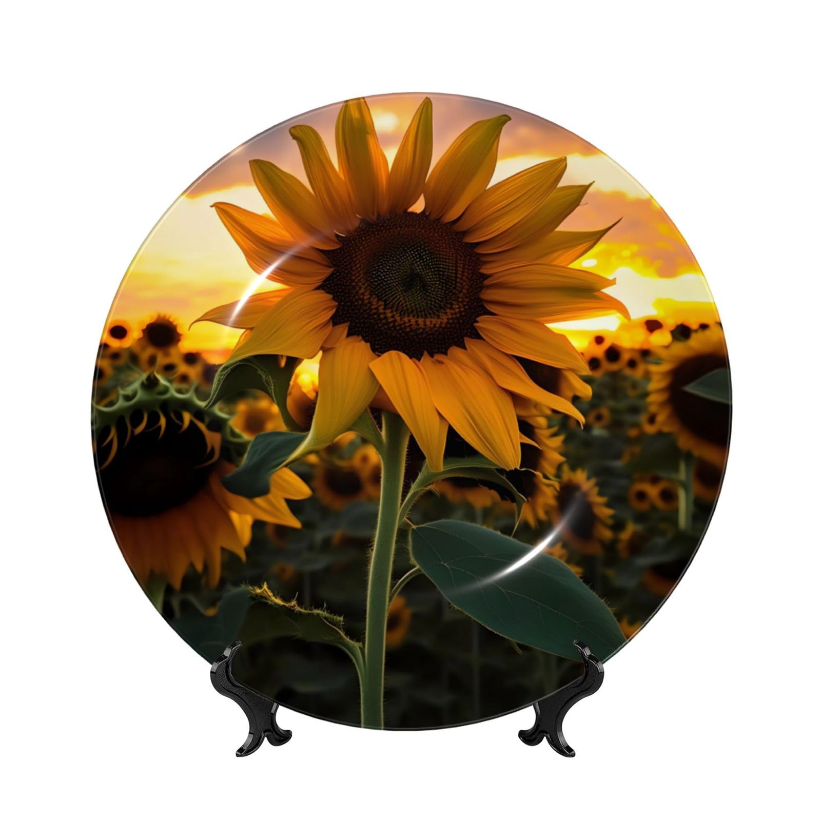 SXZVVBN Farm Sunflower Bone China Decorative Plate Art with Stand Removable Adhesive Hanging for Home Office 10in（25cm）