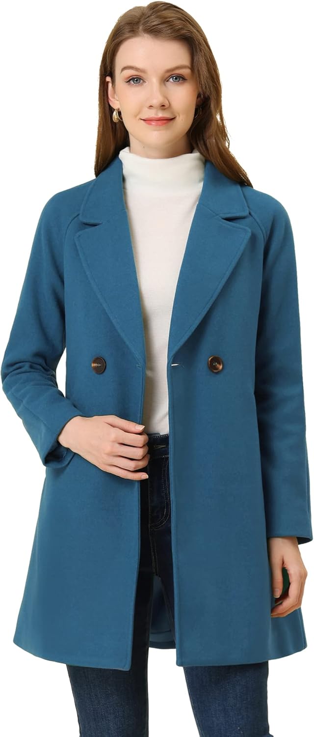 Size S Allegra K Women's Notched Lapel Double Breasted Raglan Winter Coats Small Dark Blue Grey