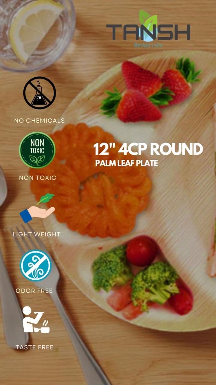 TANSH Compostable 12 Inch Palm Leaf (Areca) 4 Comparment Round Plates (50 Count), Biodegradable, Eco-Friendly, Microwave & Oven Safe