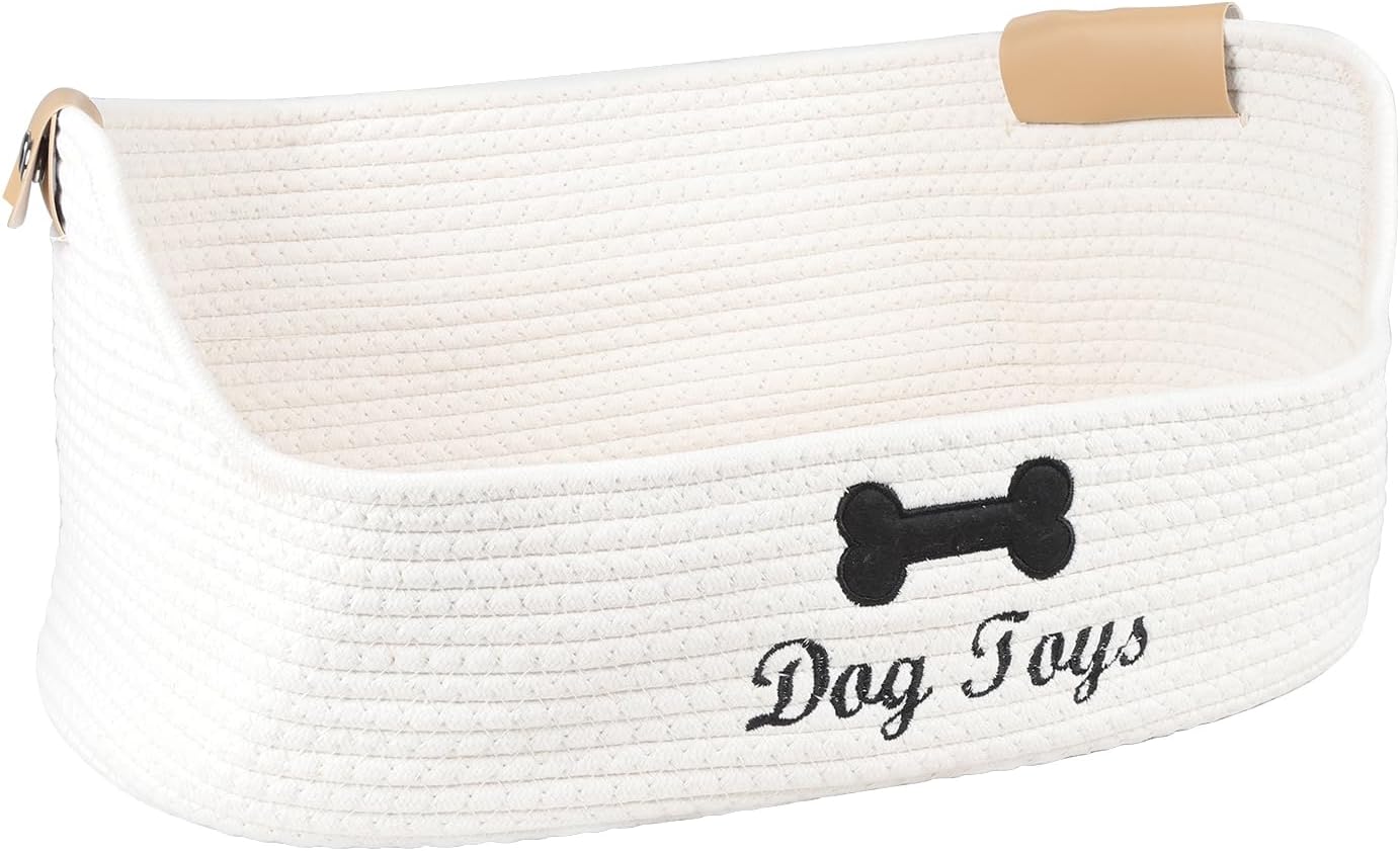 Woven Dog Toy Baskets,Rope Basket for Dog Toys,Collapsible Dog Toy Bin with Leather Handles,Trapezoidal Puppy Toy Storage Basket,Chewproof Dog Organizer for Toys,Collar,Leash,Blankets-Beige