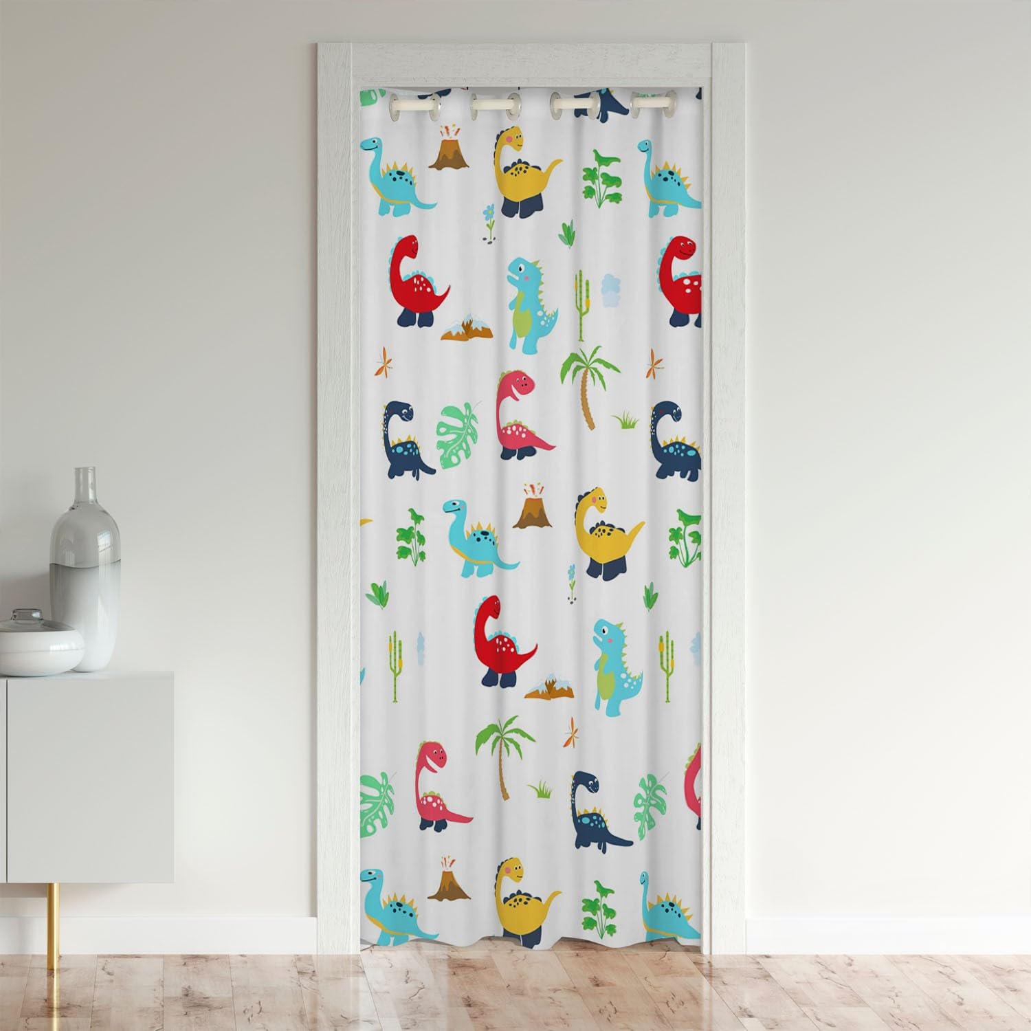 Cartoon Dinosaur Door Curtain for Doorway Privacy 3D Digital Print Room Divider Curtain Cover Palm Tree Leaf 30%-50% Room Darkening Blackout Curtain Jungle Dino Red White Window Treatments 150x203cm