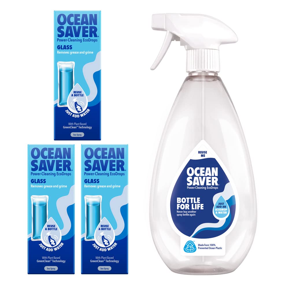 OceanSaver Glass Cleaner Starter Kit, Power Cleaning Solution for all Glass Surfaces to Remove Grease & Dirt, Just Add Water - 3 x Sea Spray Scented Eco Drop Refills, 1x 750ml Bottle for Life