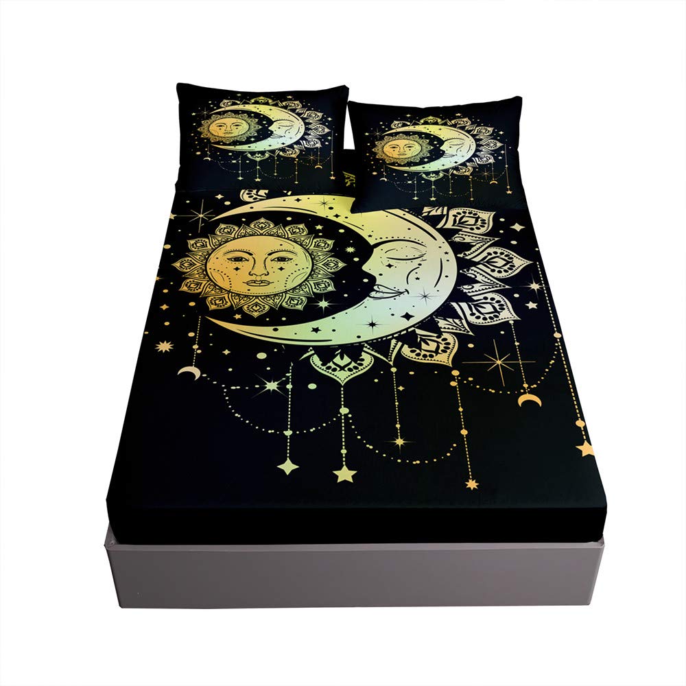 Drap housse 120x200cm avec taies d'oreillers microfibre à motif soleil lune couleur bronzage
