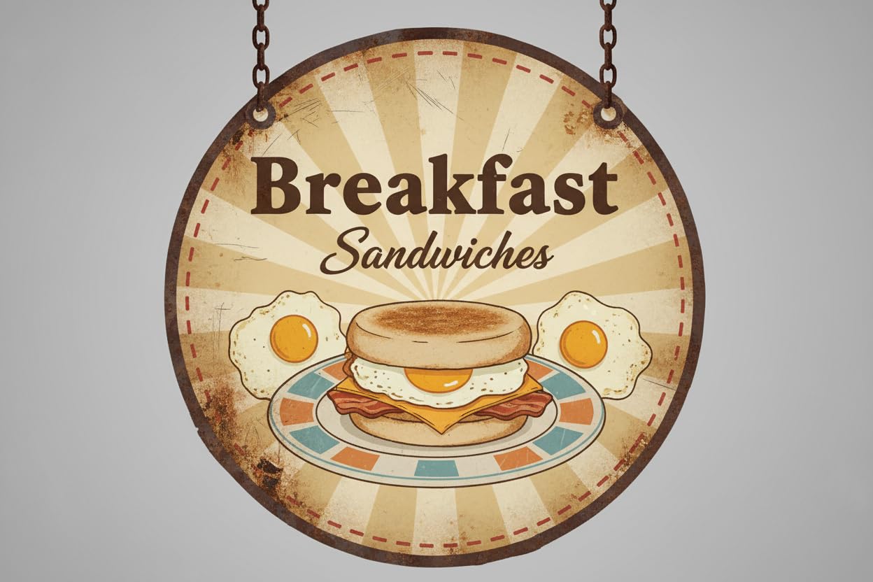 Wall Decor Breakfast Sandwiches | Full Color Sidewalk Display Sign Board With Metal Ground Stakes | 8x12Inch Vintage Signs Aluminum Plates Printed