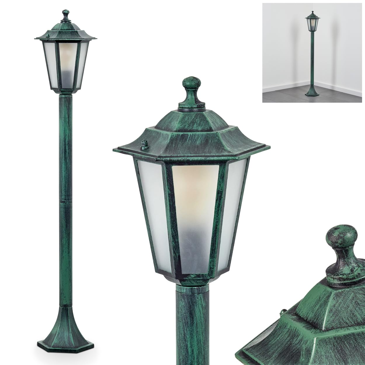 HOFSTEIN Lampa zewnętrzna Loria, oświetlenie ścieżki z metalu/szkła w kolorze zielono-czarnym/białym, lampa zewnętrzna o wyglądzie antycznym, 99 cm, lampa ogrodowa, oświetlenie ogrodowe IP44, 1 x E27,