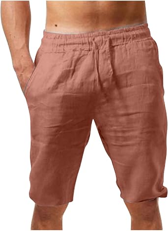 Beach Shorts for Men Summer Casual Cotton Linen Shorts Loose Fit Elastic Waist Drawstring Work Utility Shorts