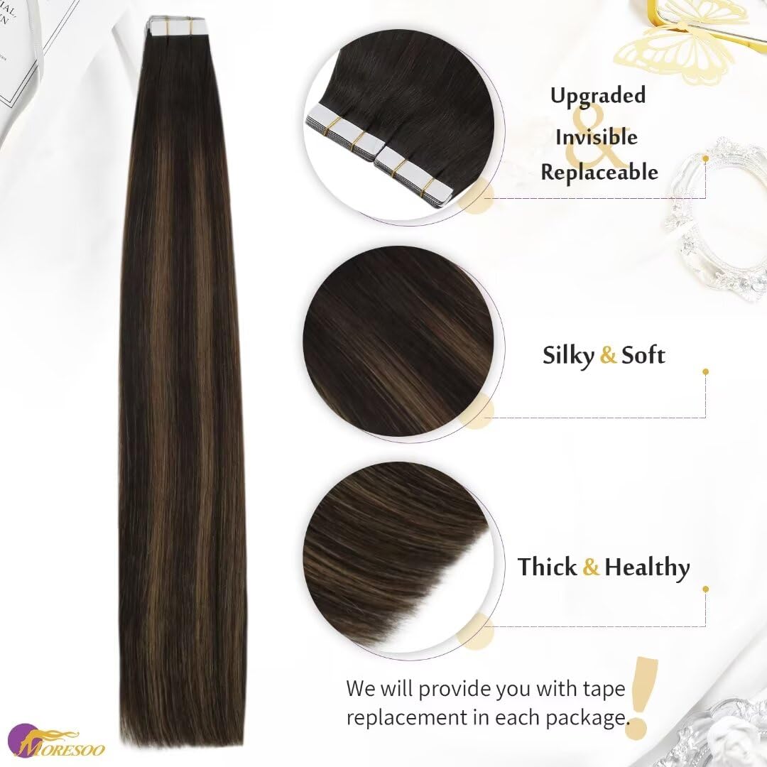 Moresoo Tape in Hair Extensions Human Hair 24 Inch Balayage Darkest Brown and Chestnut Brown Invisible Tape in Hair Extensions Ombre Straight Hair Lightweight All Day 10 Pieces/25g #2/6/2 - Image 2