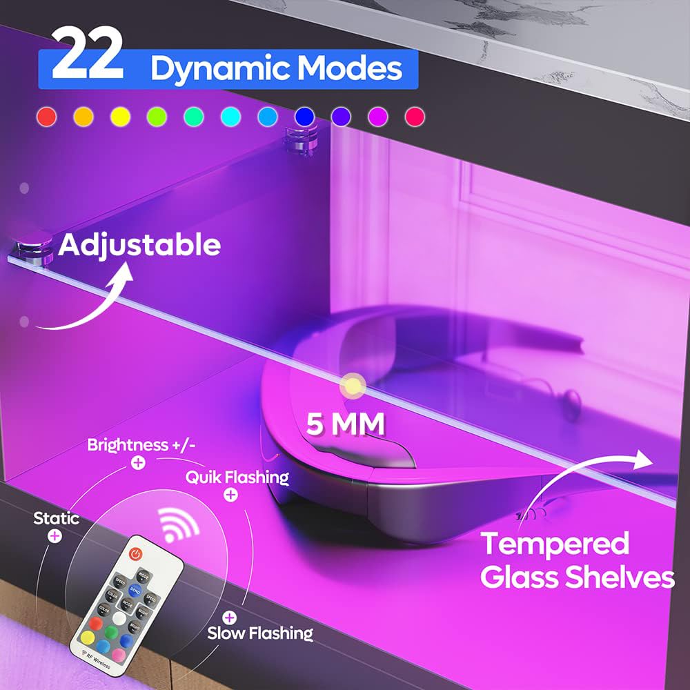 Bestier White Marble TV Stand LED Entertainment Center Gaming TV Stand for 55 Inch TV RGB Television Stand with 2 Adjustable Glass Shelves Xbox PS4 Game Console Cabinet for Living Room