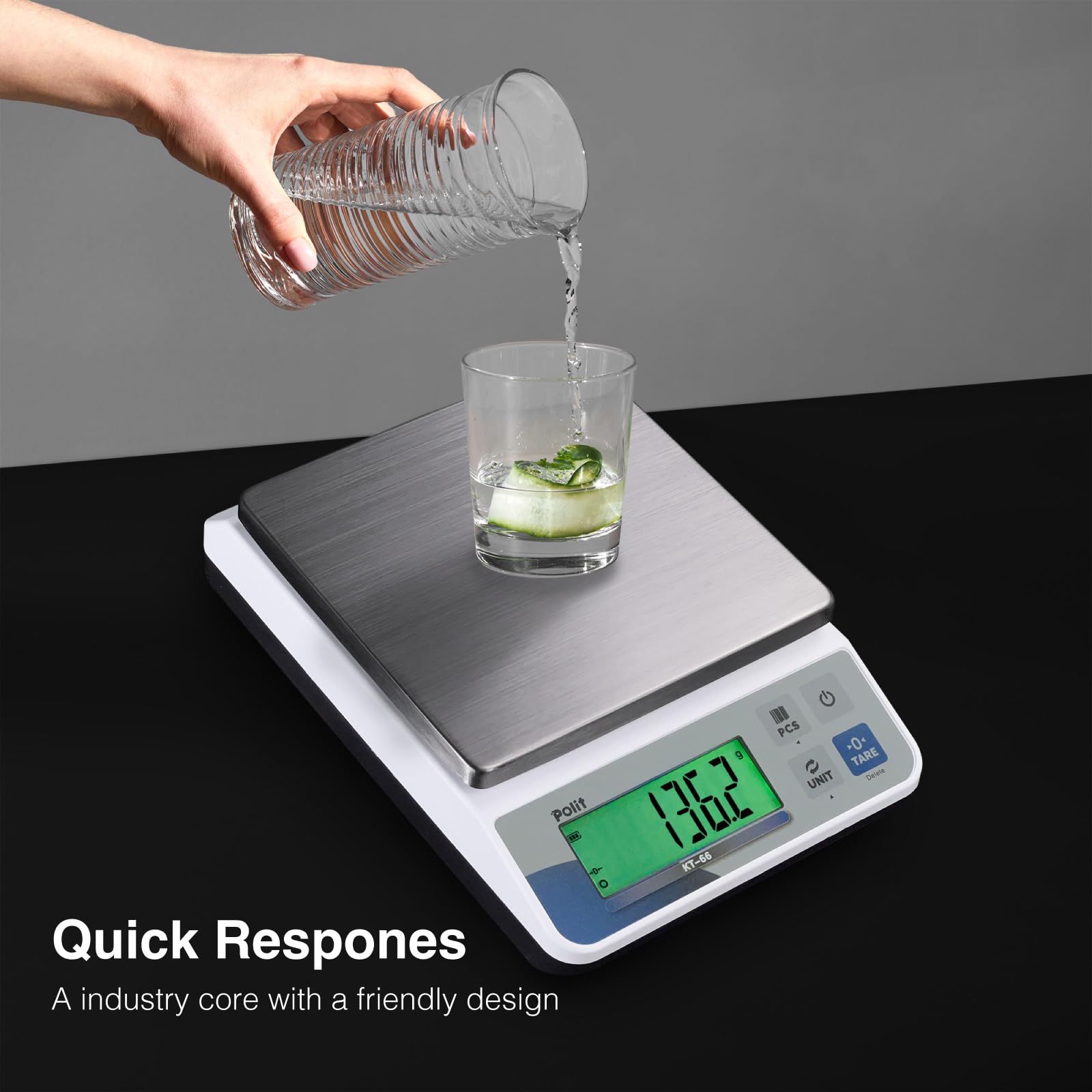 Polit Báscula digital de cocina KT-66, 30lb/13Kg, peso gramo onza 1g/0.03oz precisión, acero inoxidable premium con pantalla LED, 5 unidades para hornear y cocinar (adaptador de corriente incluido)