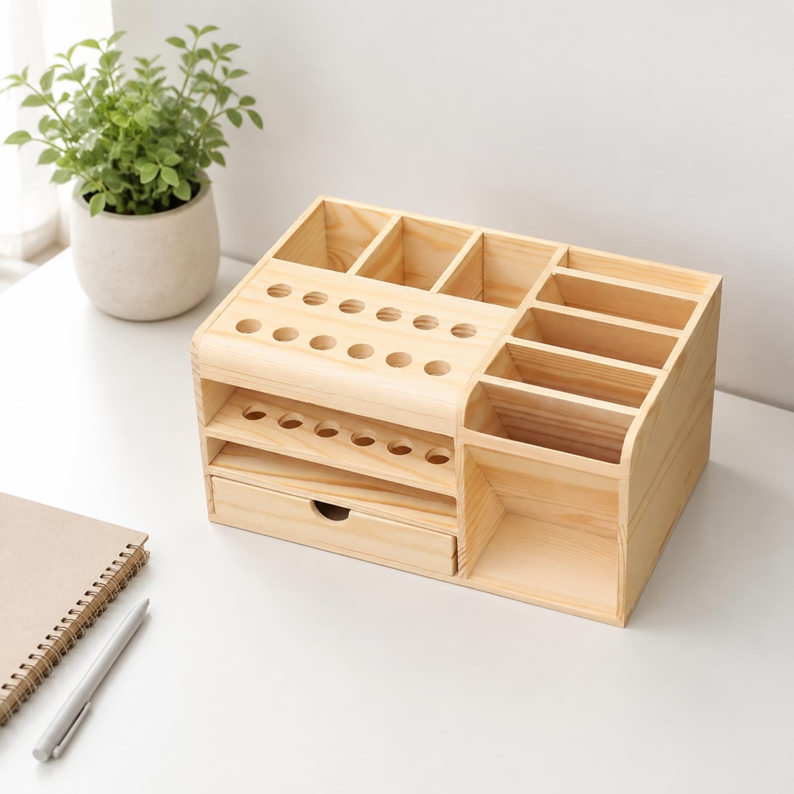 predolo Organizador Escritorio Pino con Cajón Extraíble Ahorra Espacio Caja Organizadora Rectangular Maciza